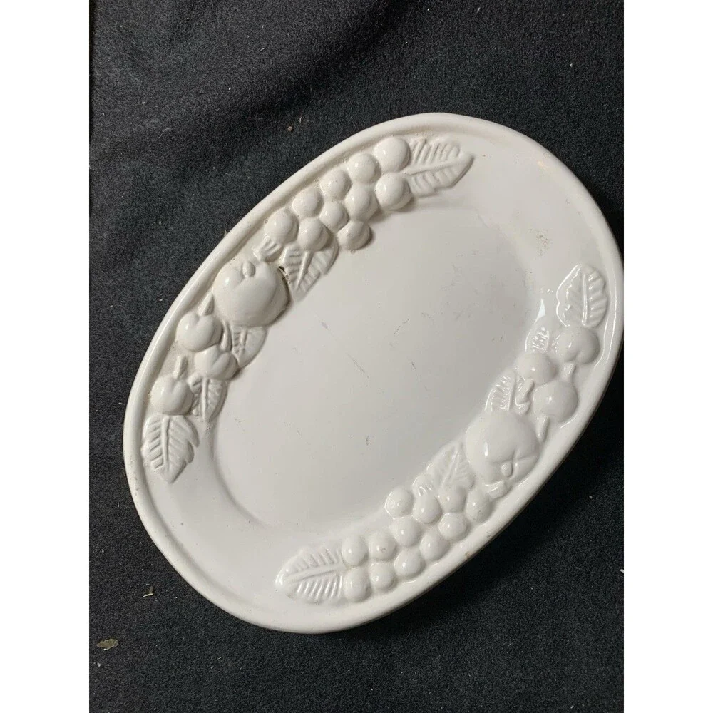 Vintage Patterned Bountiful Fruit 8.75 In White Oval Serving Platter Butter Dish